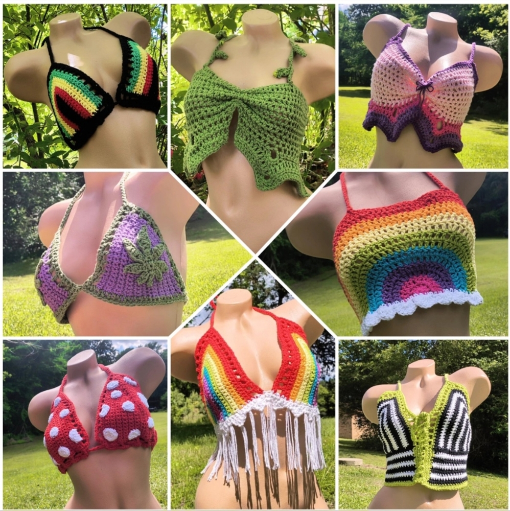 Custom Colorful Crochet Halter Crop Tops